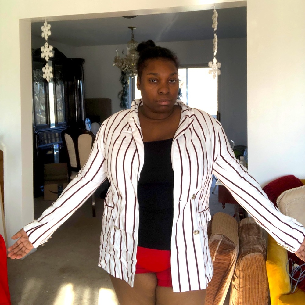 Red and blue striped double breasted design blazer